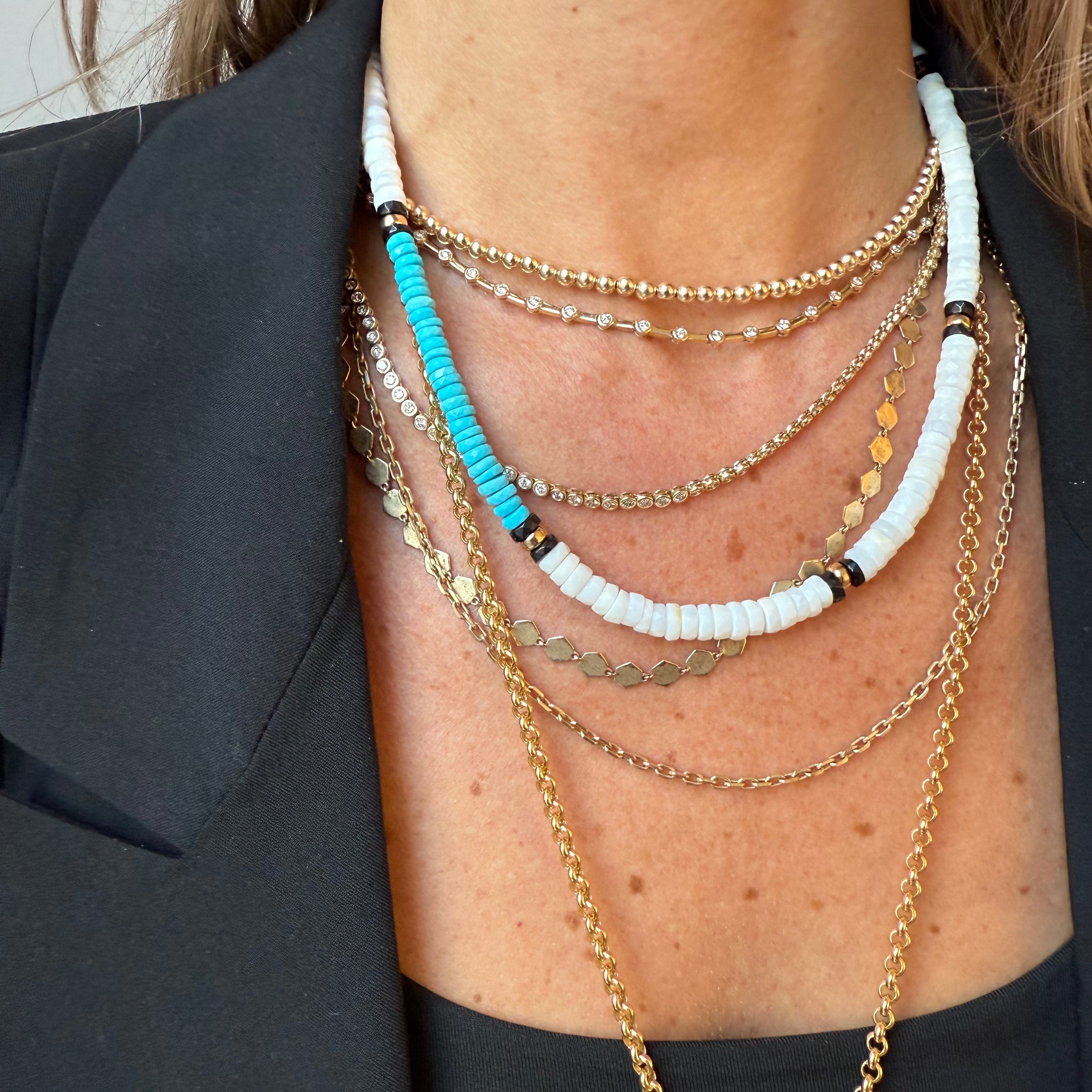 WHITE OPAL & TURQUOISE NECKLACE WITH 14K GOLD