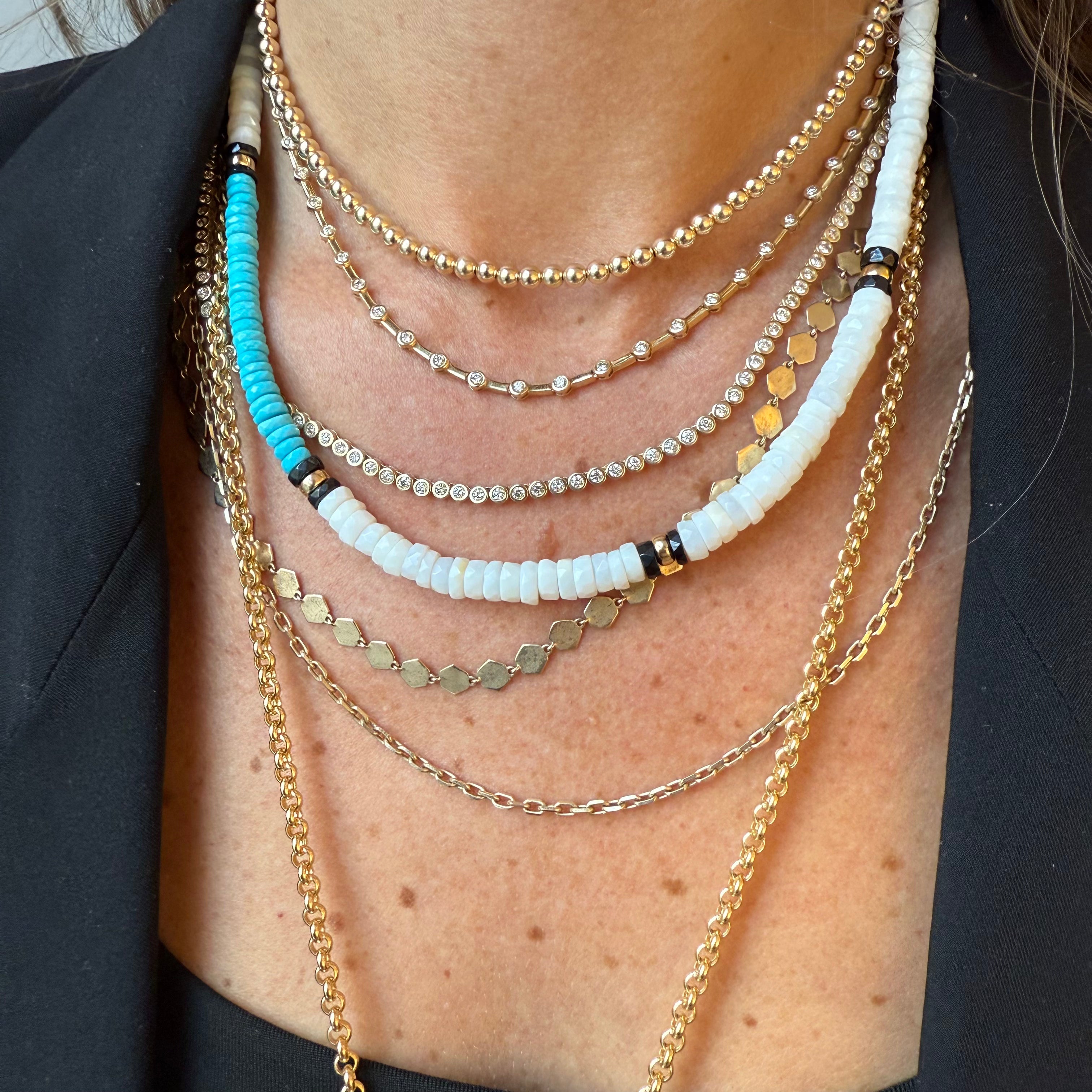 WHITE OPAL & TURQUOISE NECKLACE WITH 14K GOLD
