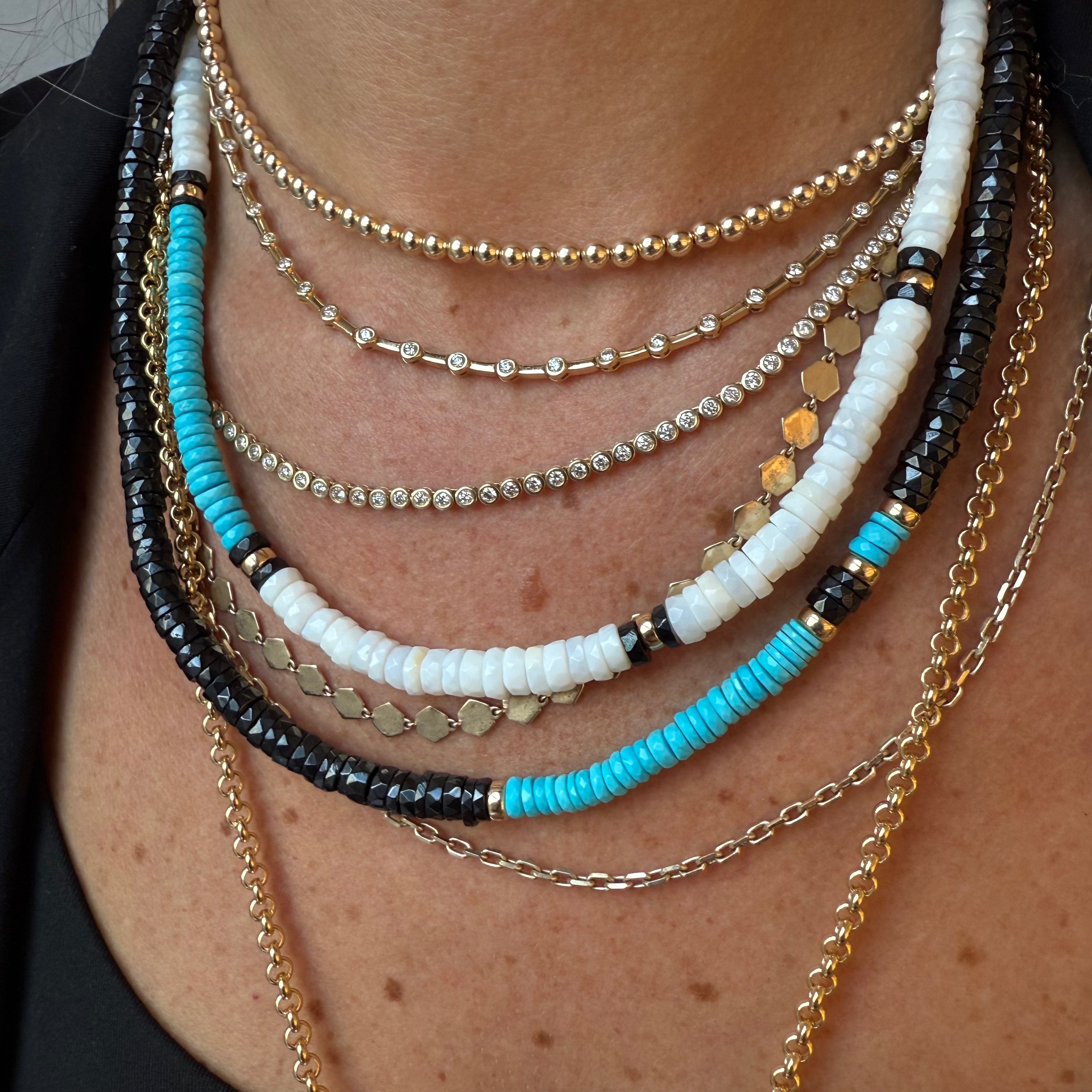 BLACK SPINEL, TURQUOISE & 14K GOLD BEADED NECKLACE