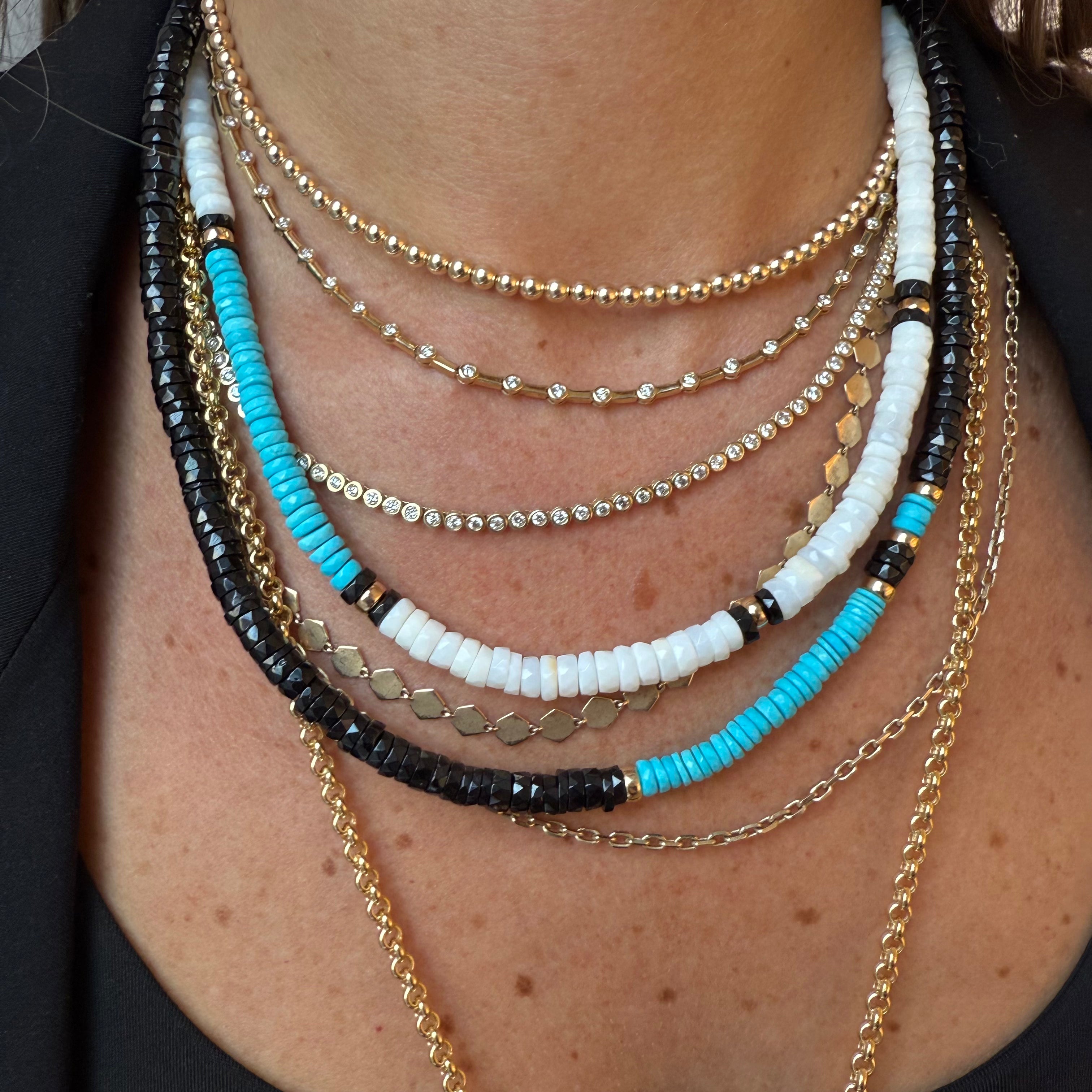 BLACK SPINEL, TURQUOISE & 14K GOLD BEADED NECKLACE