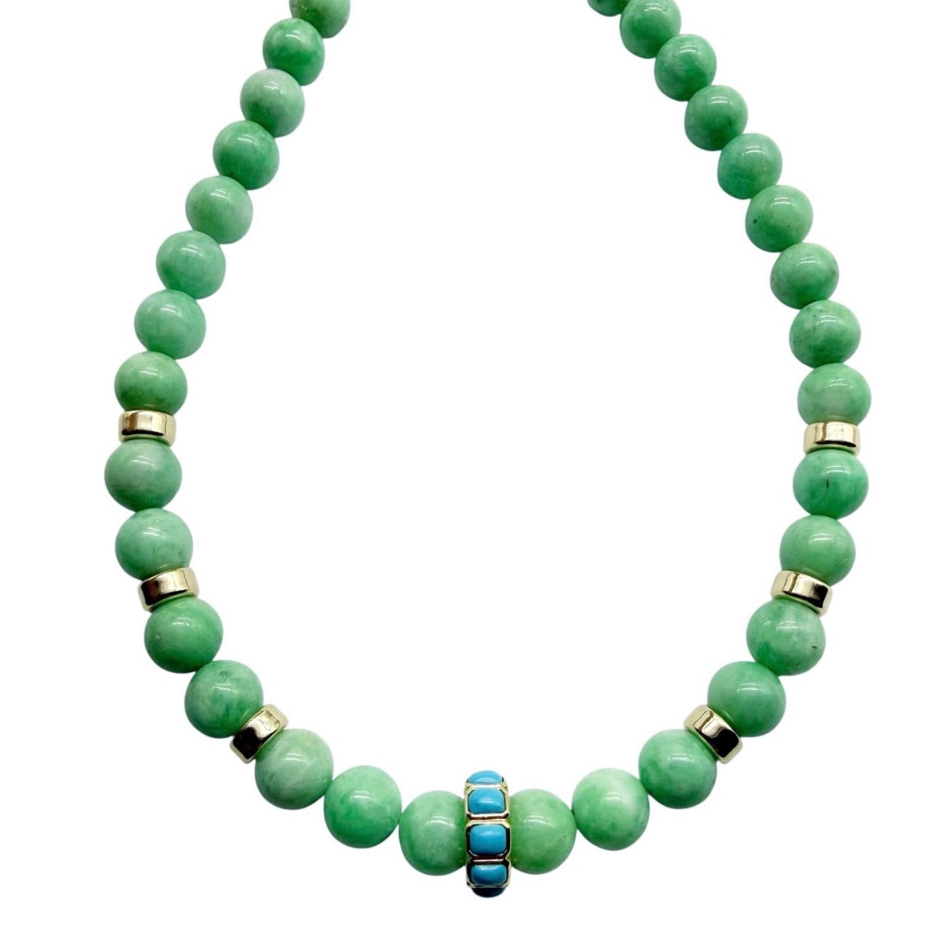 EMERALD BEADED NECKLACE WITH TURQUOISE AND 14K GOLD FOCAL BEAD