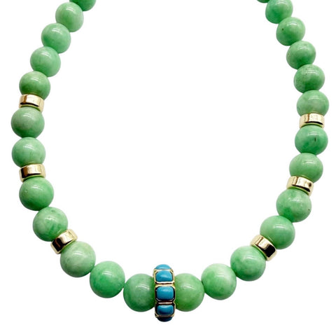 EMERALD BEADED NECKLACE WITH TURQUOISE AND 14K GOLD FOCAL BEAD