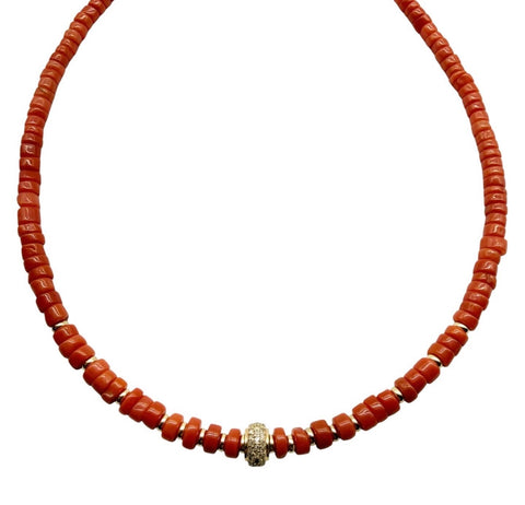 ANTIQUITY CORAL NECKLACE WITH 14K GOLD AND DIAMOND BEAD