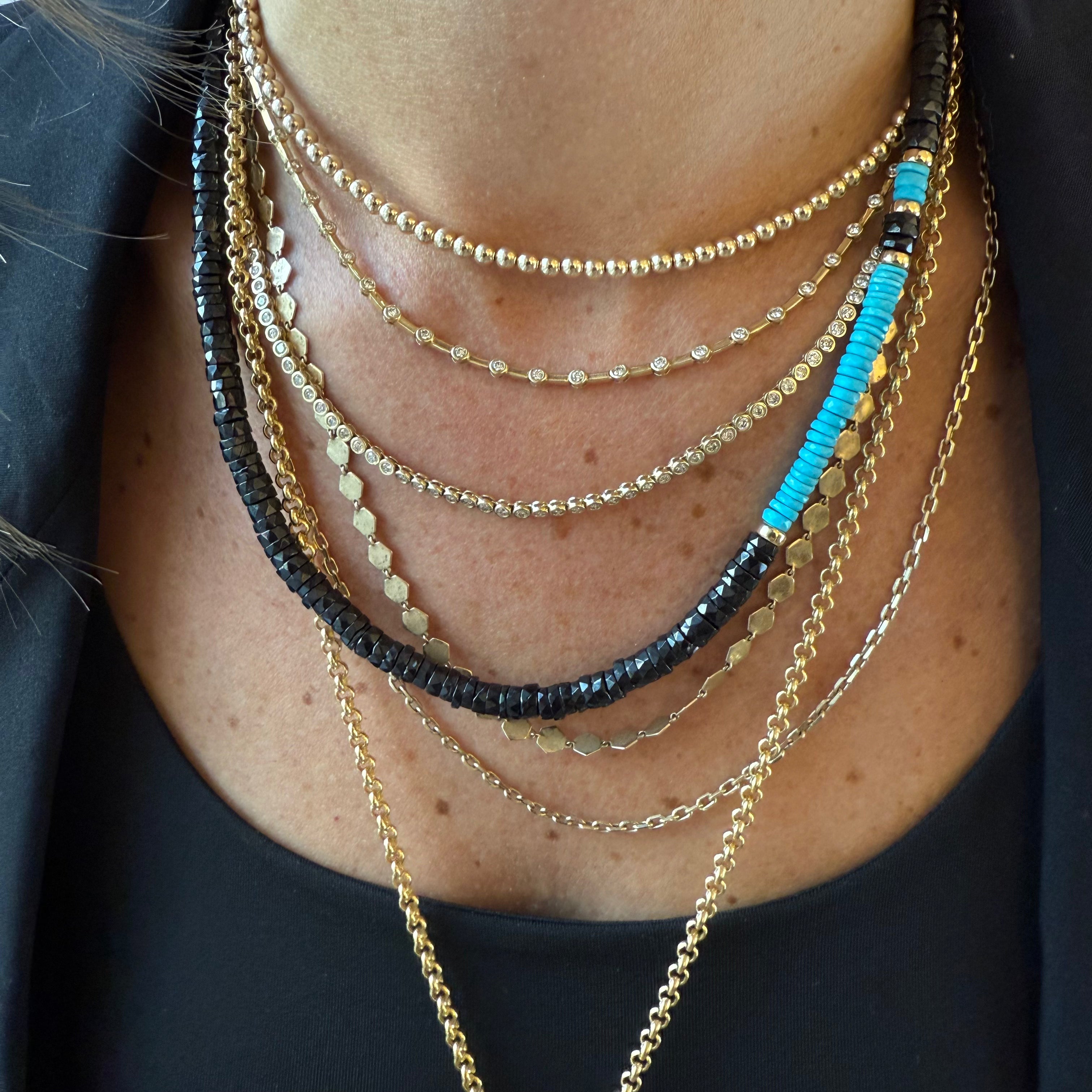 BLACK SPINEL, TURQUOISE & 14K GOLD BEADED NECKLACE