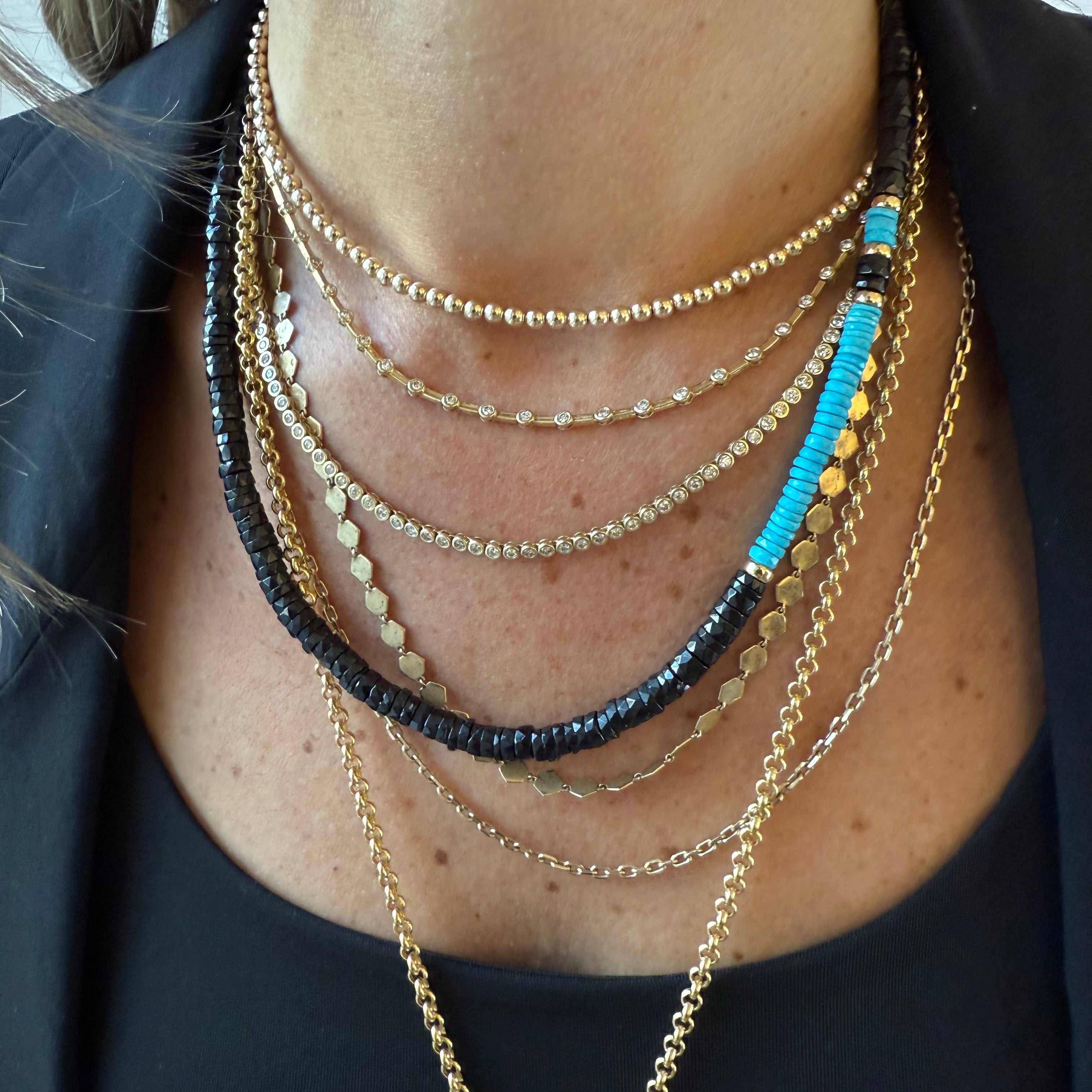 BLACK SPINEL, TURQUOISE & 14K GOLD BEADED NECKLACE