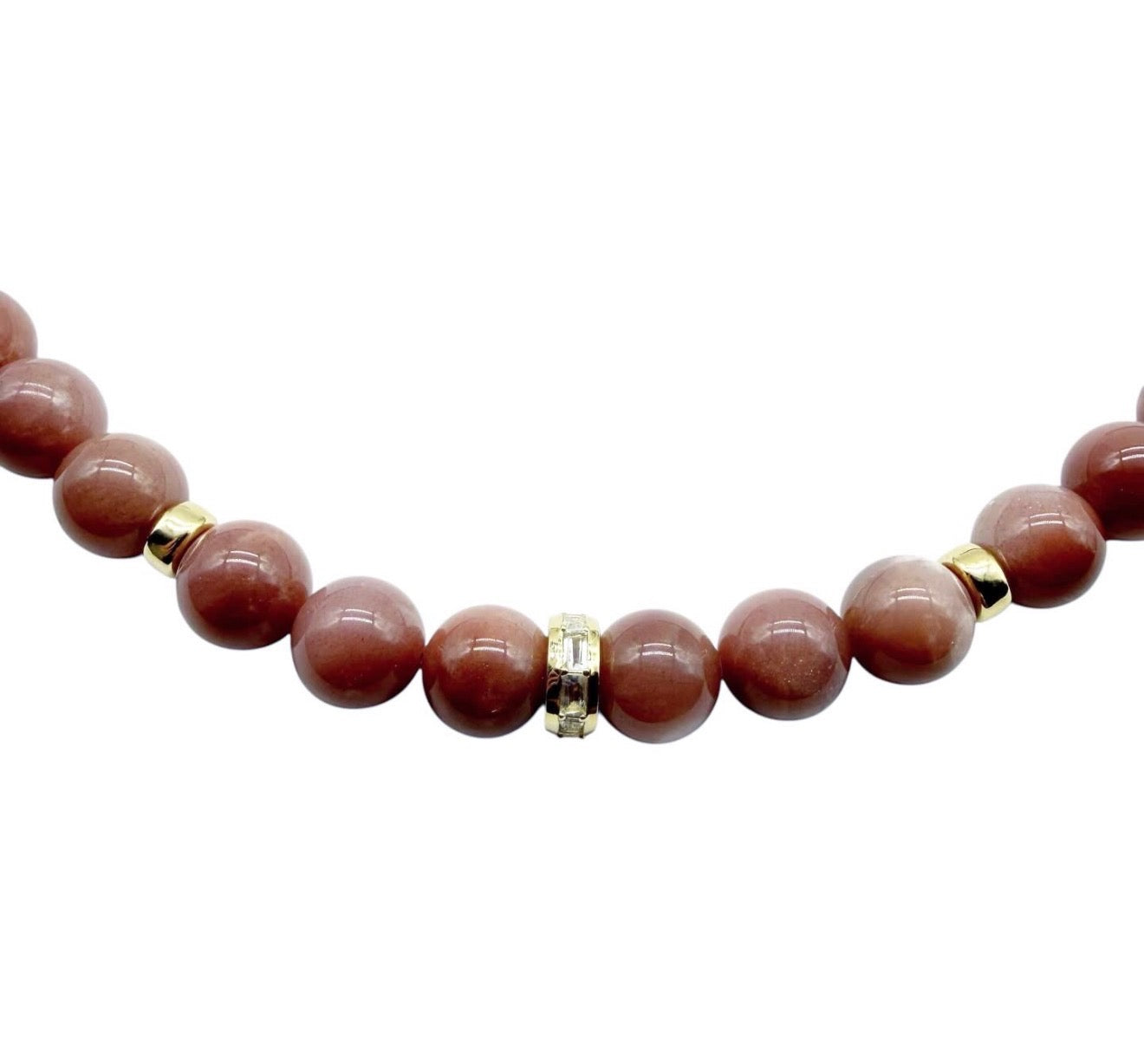 DUSTY ROSE MOONSTONE BEADED NECKLACE WITH GOLD BEADS & MOONSTONE FOCAL BEAD