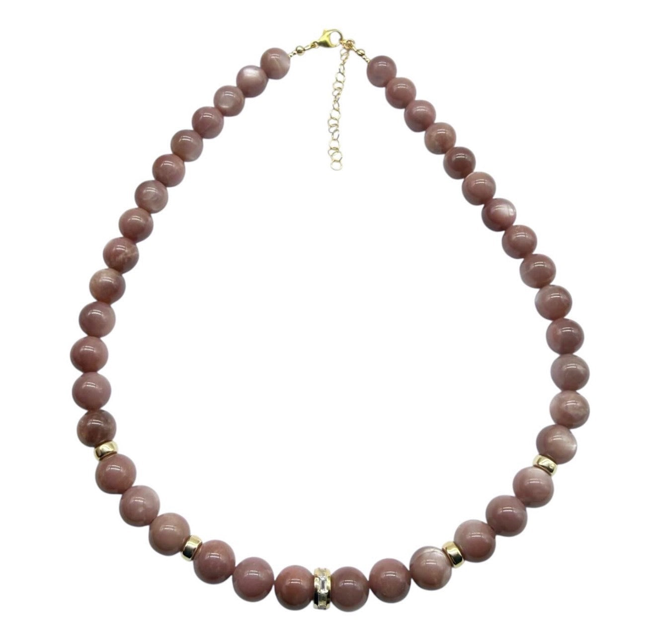 DUSTY ROSE MOONSTONE BEADED NECKLACE WITH GOLD BEADS & MOONSTONE FOCAL BEAD
