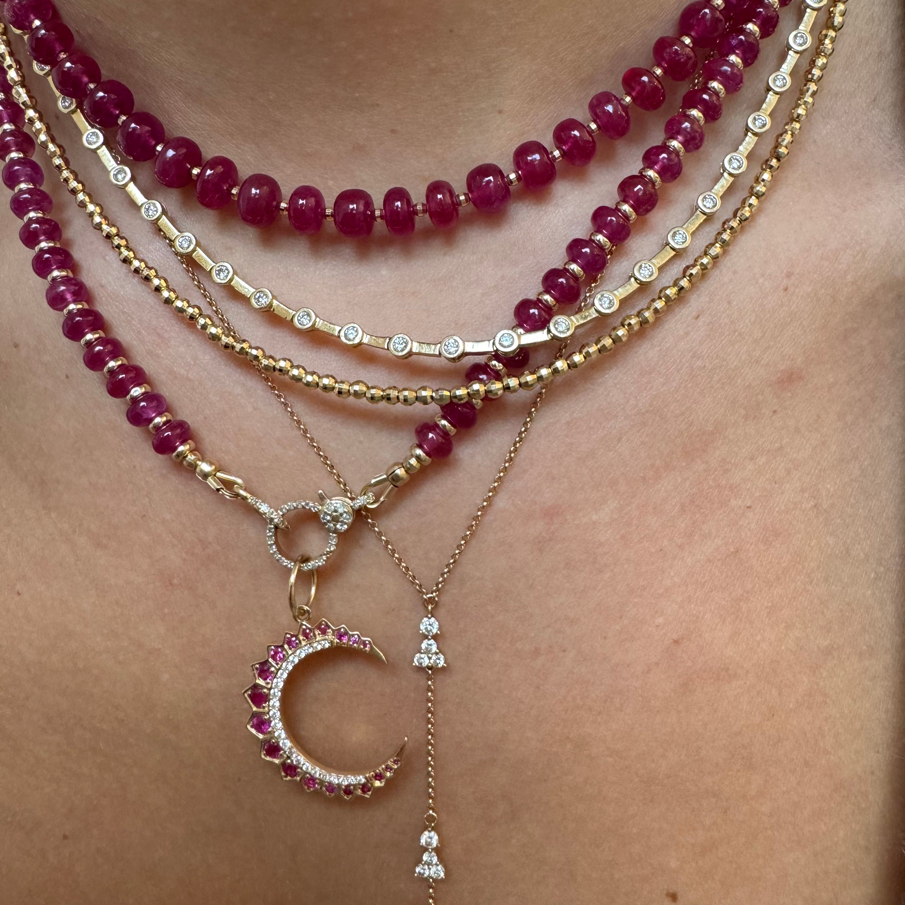 14K GOLD & RUBY NECKLACES. PLAIN STRAND WITH GOLD BEADS OR DIAMON CROSS STYLE