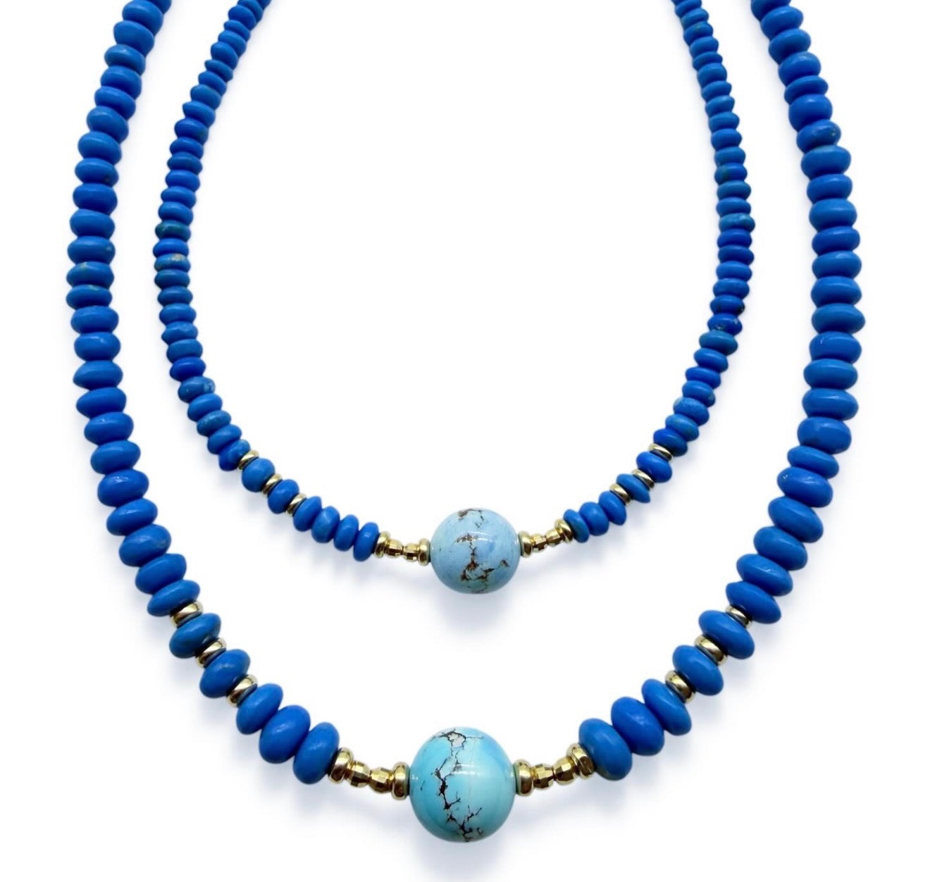 BLUE CERULELITE AND GOLDEN HILL BEAD NECKLACE