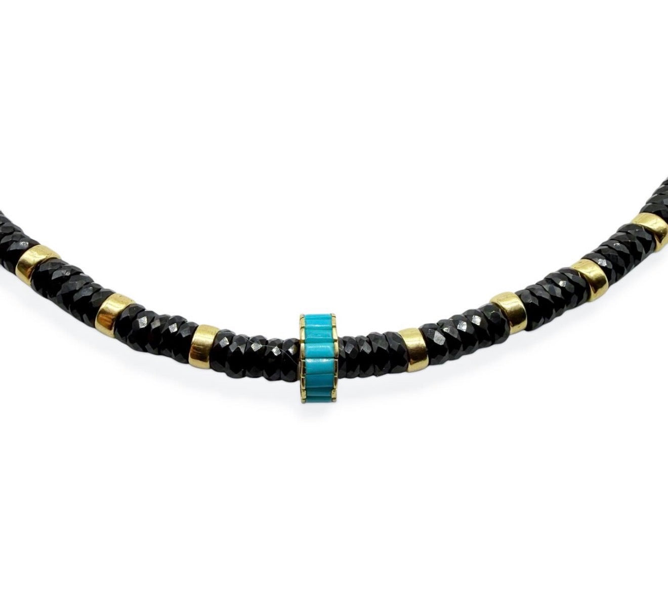 BLACK SPINEL NECKLACE WITH TURQUOISE AND GOLD SLIDER BEAD