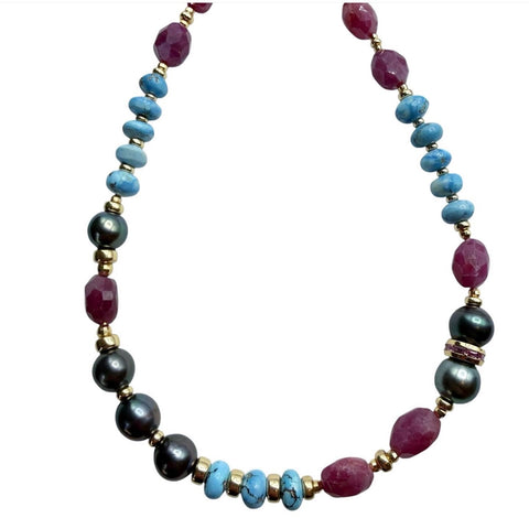 TAHITIAN, TURQUOISE AND RUBY ANTIQUITY NECKLACE
