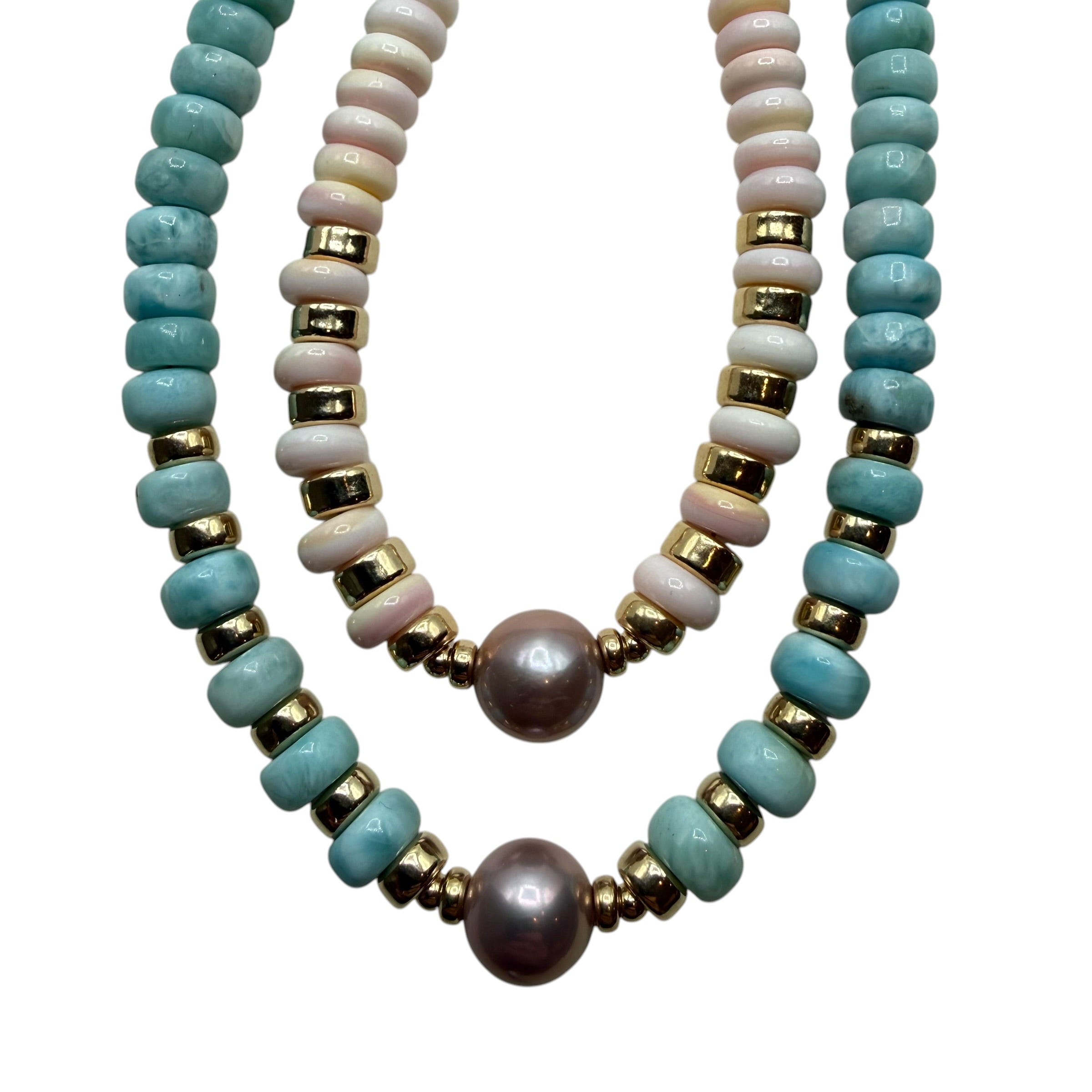PINK FRESH WATER PEARL NECKLACE WITH PINK SHELL OR LARIMAR
