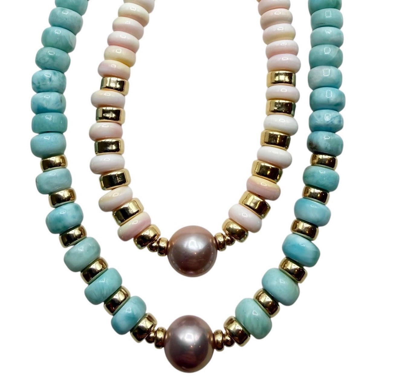 PINK FRESH WATER PEARL NECKLACE WITH PINK SHELL OR LARIMAR