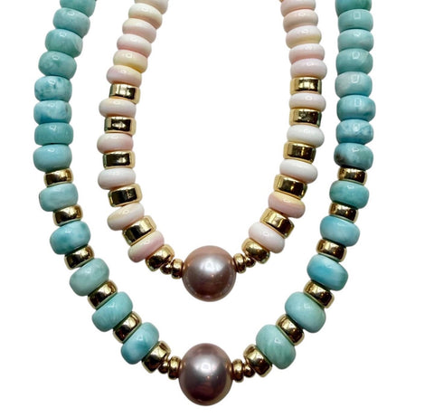 PINK FRESH WATER PEARL NECKLACE WITH PINK SHELL OR LARIMAR