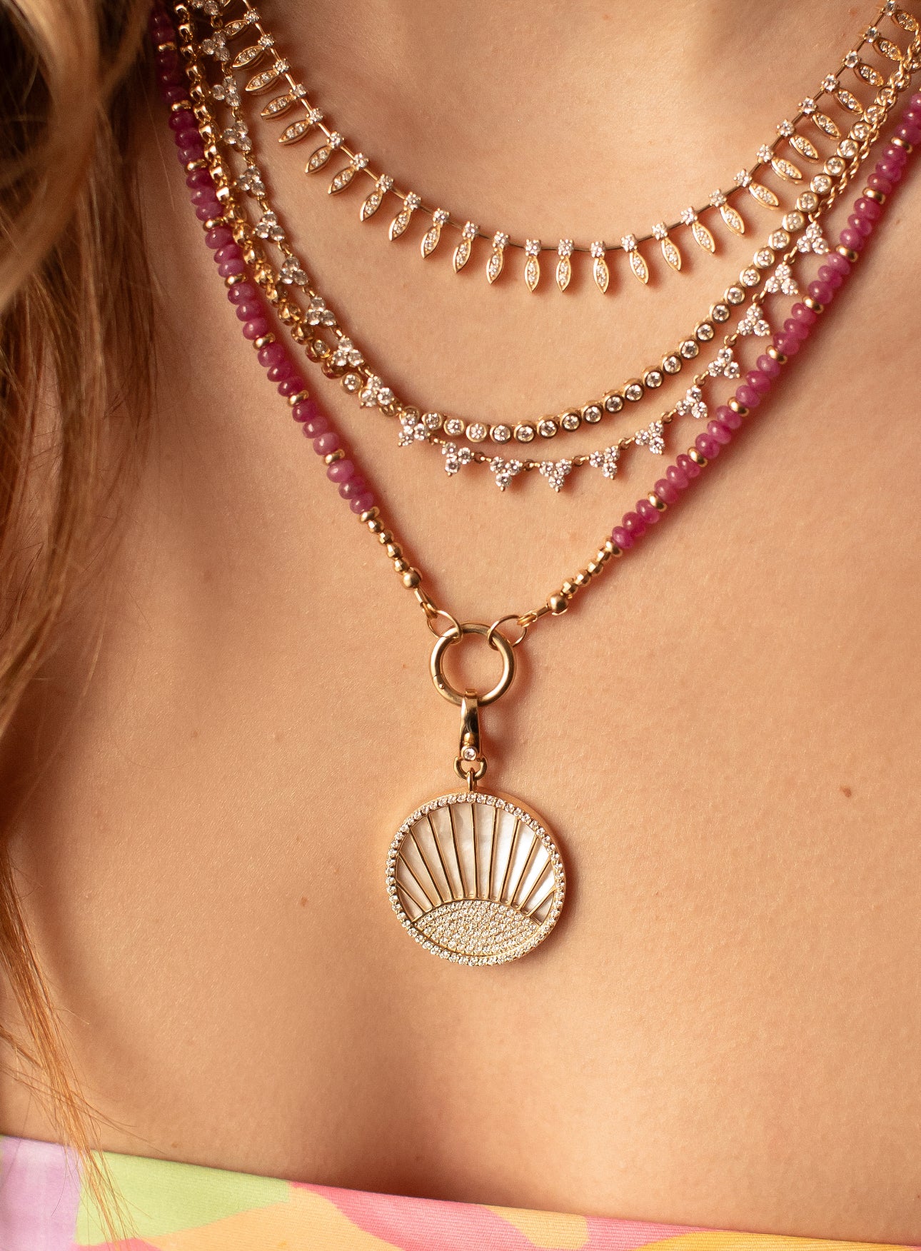 RUBY & 14K GOLD NECKLACE WITH CHARM HOLDER