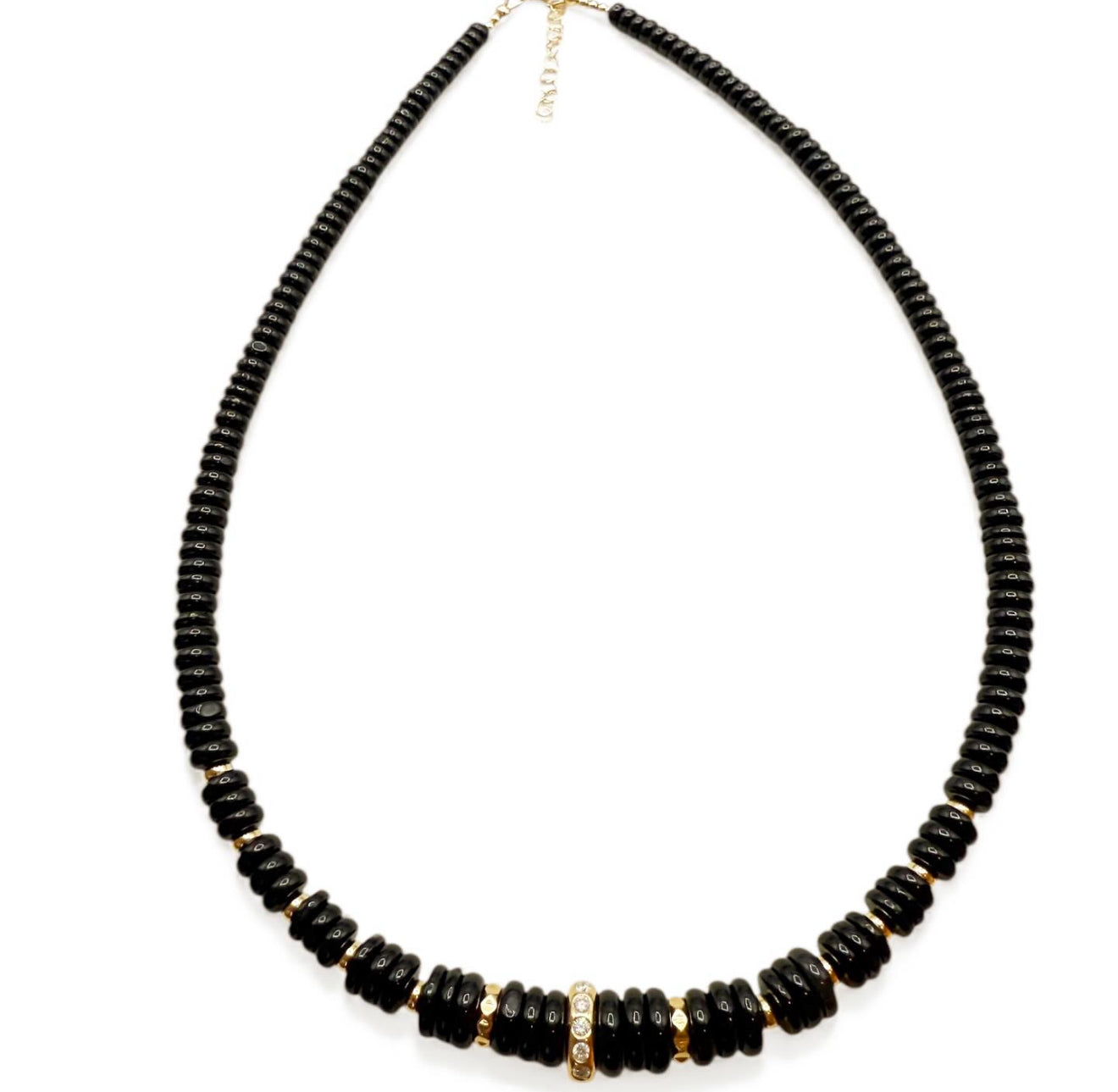 BLACK SPINEL AND 14K GOLD AND DIAMOND BEAD NECKLACE