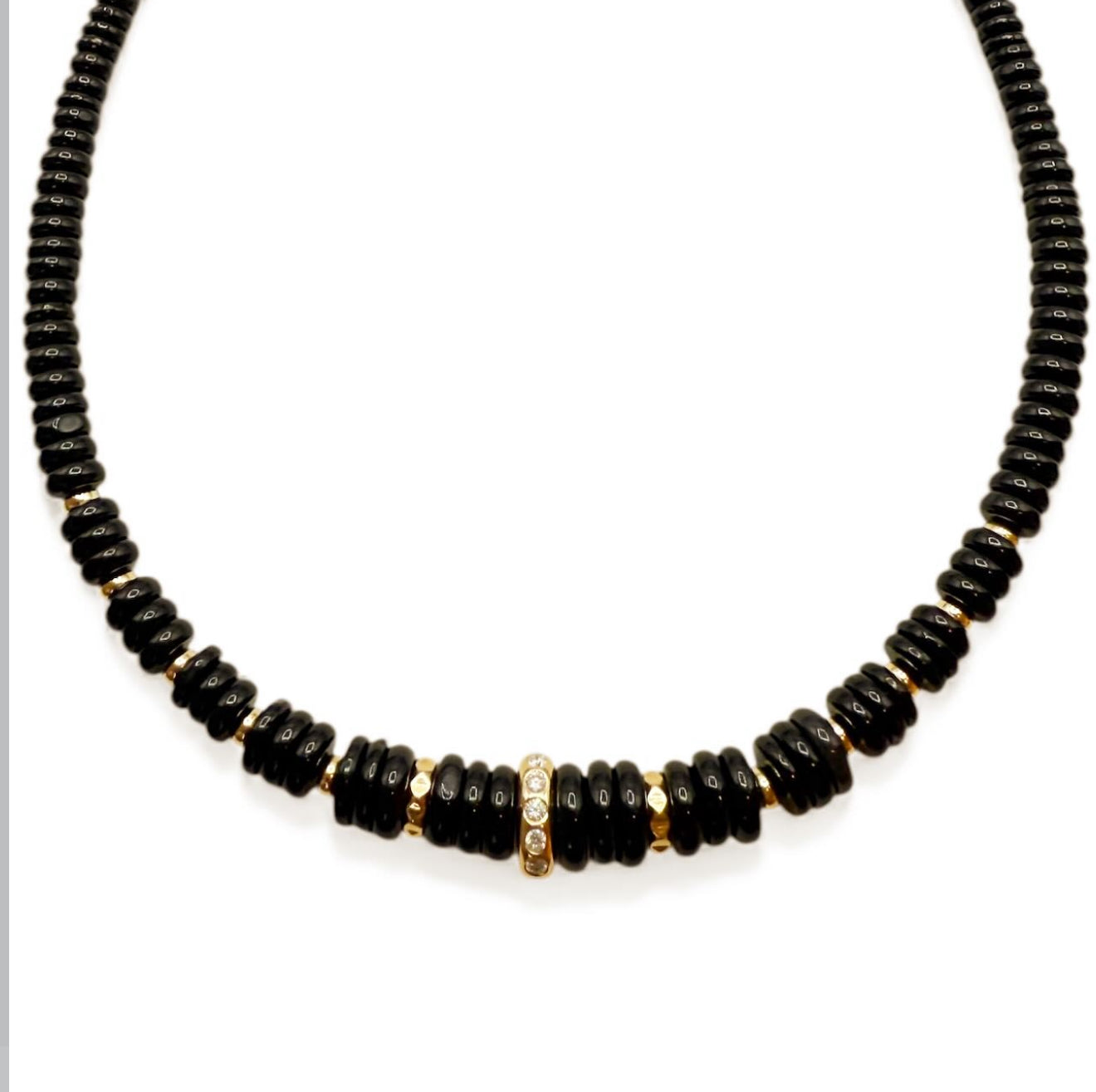 BLACK SPINEL AND 14K GOLD AND DIAMOND BEAD NECKLACE