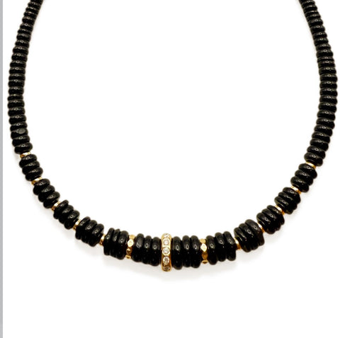 BLACK SPINEL AND 14K GOLD AND DIAMOND BEAD NECKLACE