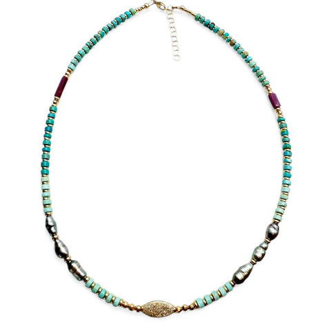 TURQUOISE & RUBY, DIAMOND AND 14K GOLD ANTIQUITY. ONE OF A KIND