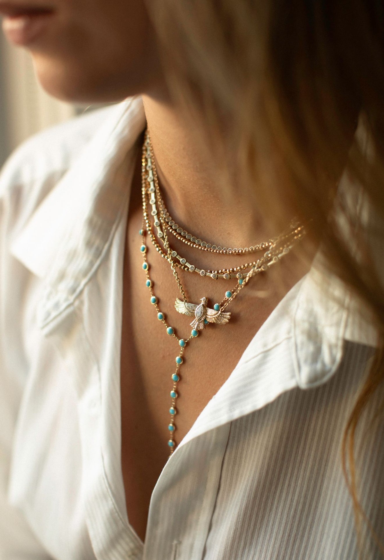 TURQUOISE & 14K GOLD Y NECKLACE