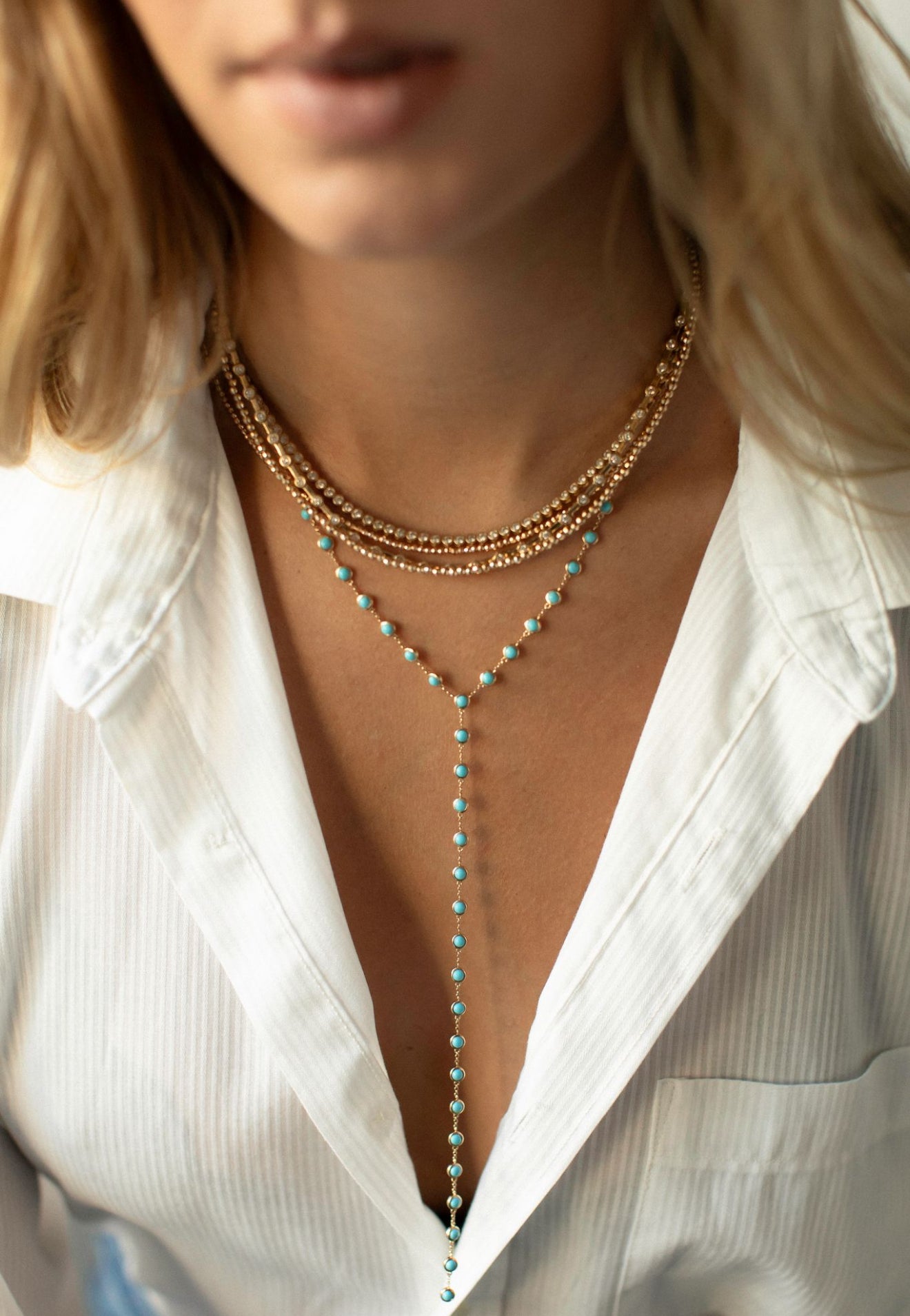 TURQUOISE & 14K GOLD Y NECKLACE