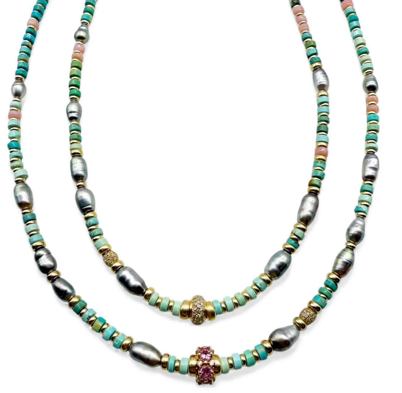 TURQUOISE & TAHITIAN ANTIQUITY NECKLACES. ONE OF A KIND