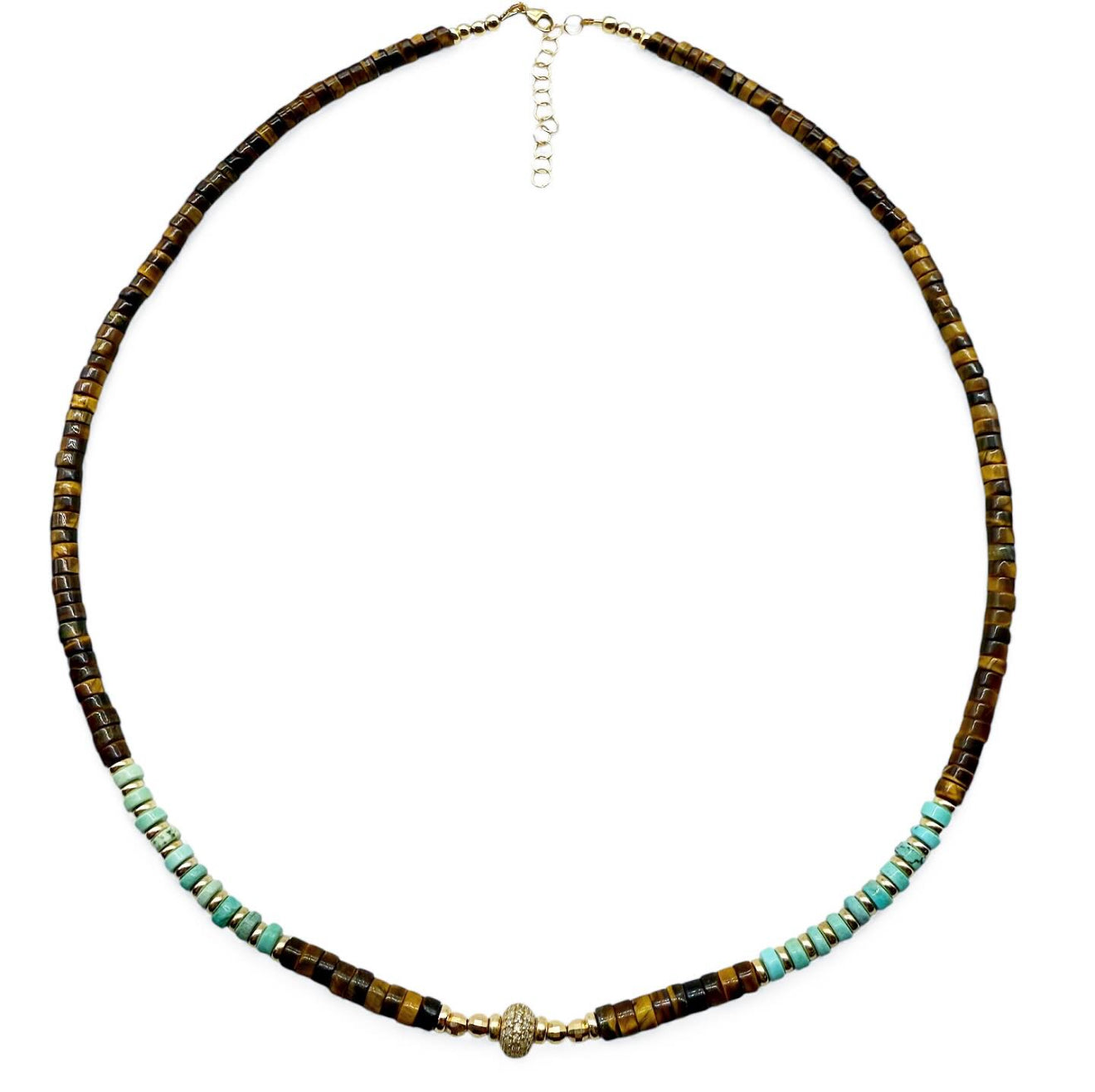 TIGERS EYE, TURQUOISE & DIAMOND NECKLACE