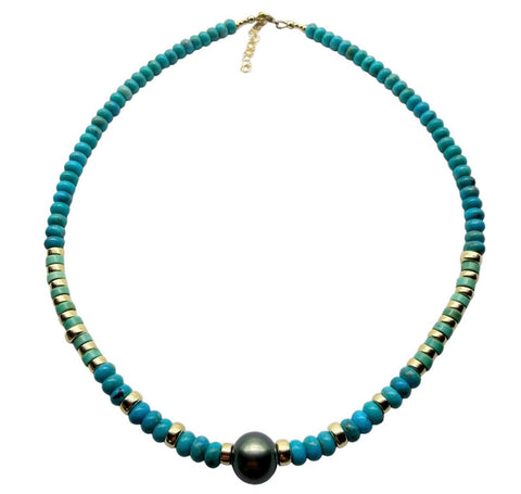 MIXED TURQUOISE & TAHITIAN PEARL NECKLACE