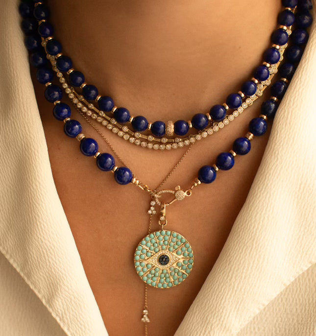 14K GOLD LAPIS NECKLACE WITH DIAMOND CLASP