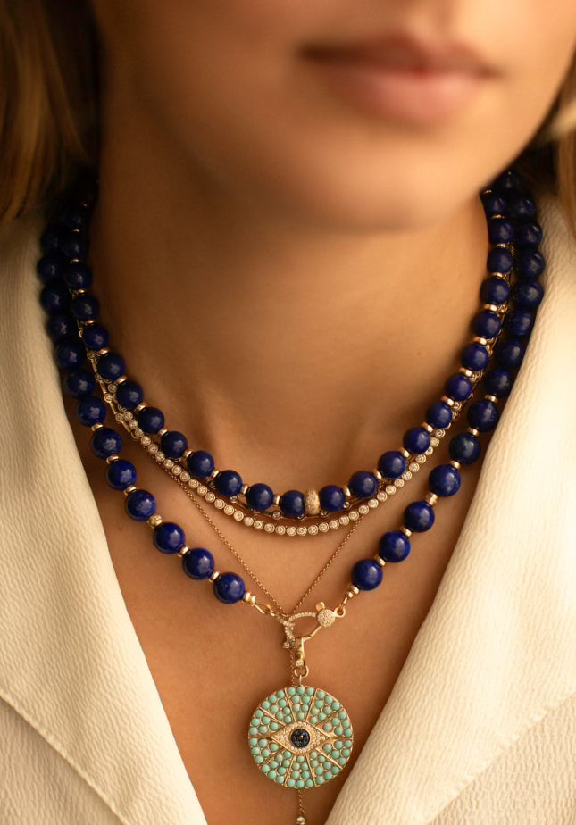 LAPIS ROUNDS WITH 14K GOLD AND DIAMOND RONDEL BEAD