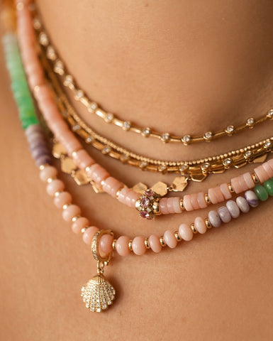 BOHO OPAL RONDELLE NECKLACE WITH GOLD AND DIAMOND SHELL CHARM