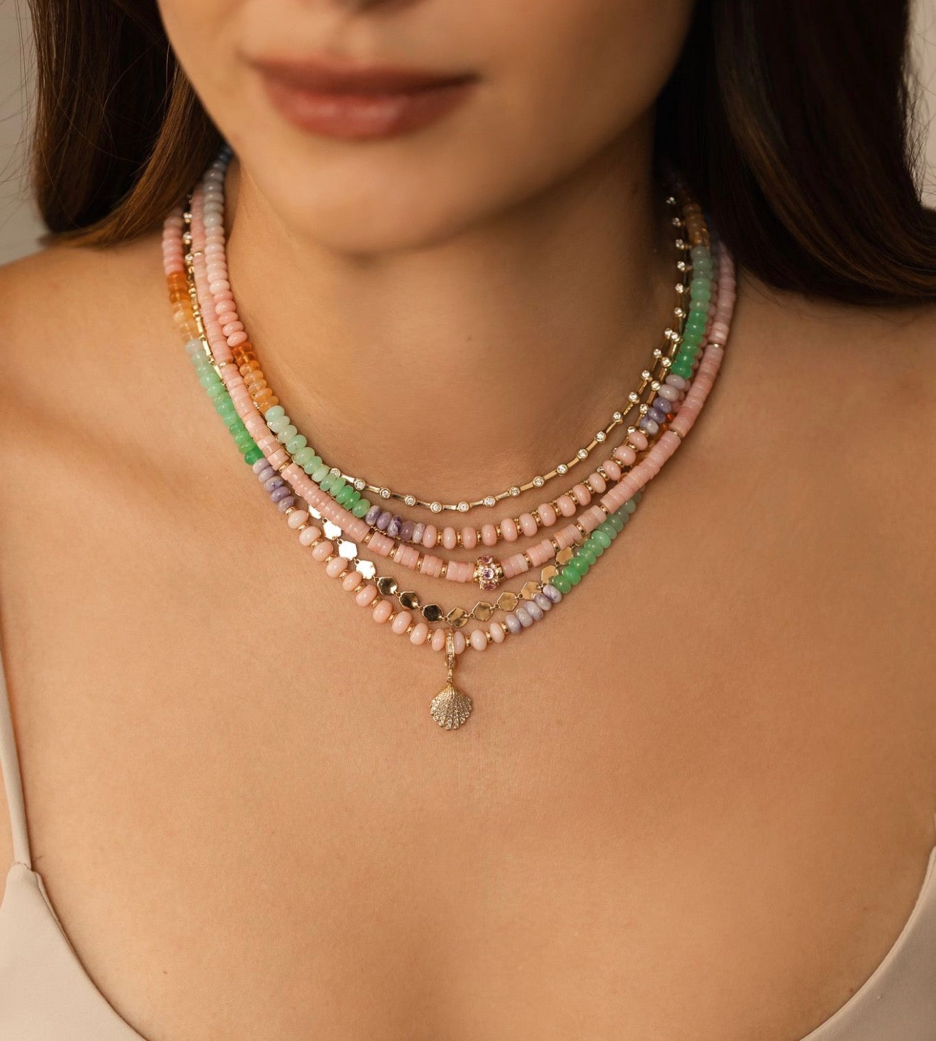 BOHO OPAL RONDELLE NECKLACE WITH GOLD AND DIAMOND SHELL CHARM