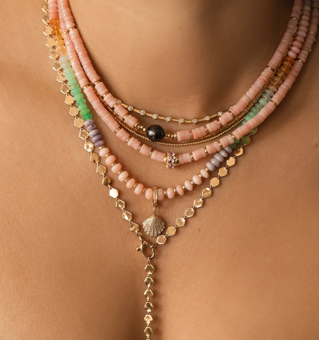 BOHO OPAL RONDELLE NECKLACE WITH GOLD AND DIAMOND SHELL CHARM