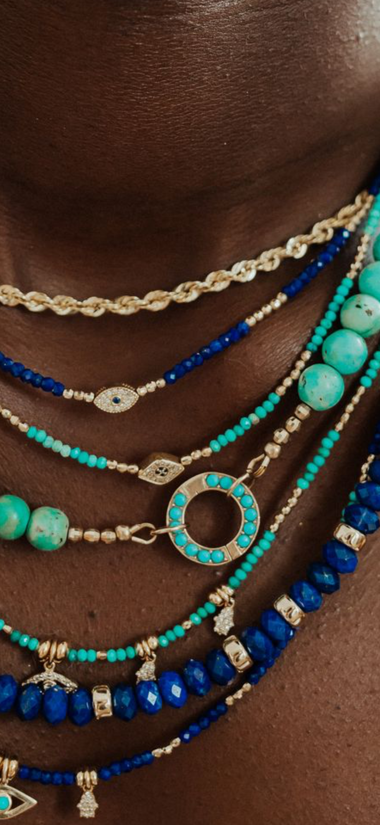 14k GOLD TURQUOISE & LAPIS CHARM NECKLACES