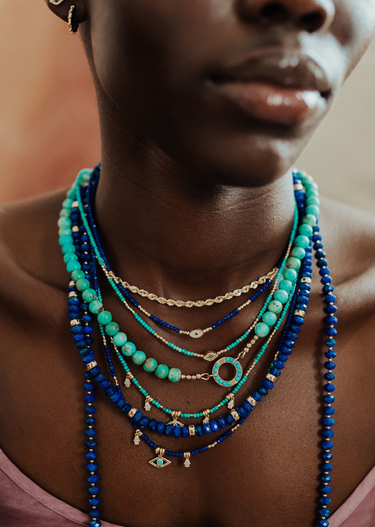 14k GOLD TURQUOISE & LAPIS CHARM NECKLACES