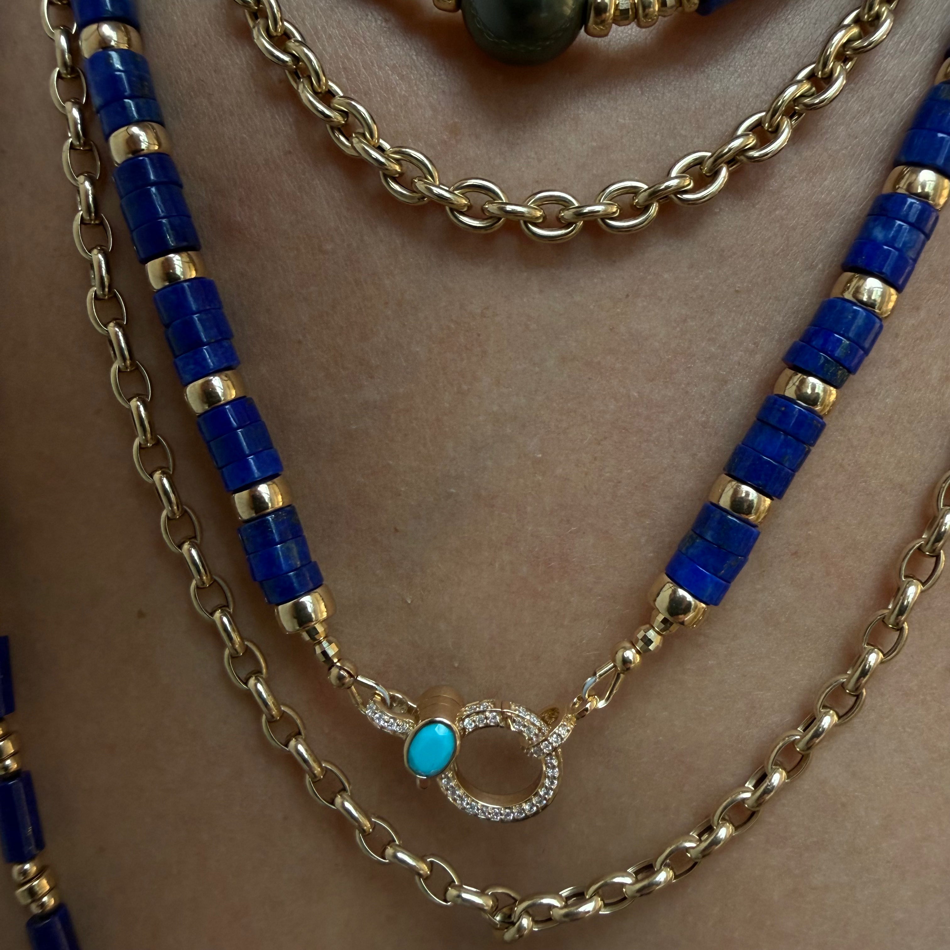 LAPIS + HEAVY GOLD & DIAMOND BEAD CLASP NECKLACE