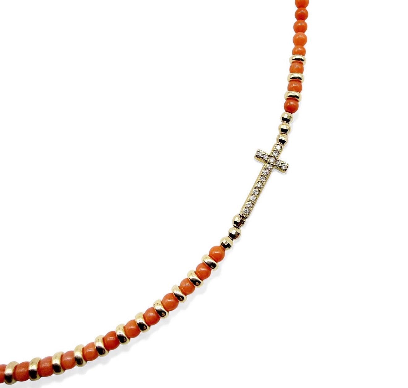 14K GOLD & DIAMOND CROSS CORAL NECKLACE