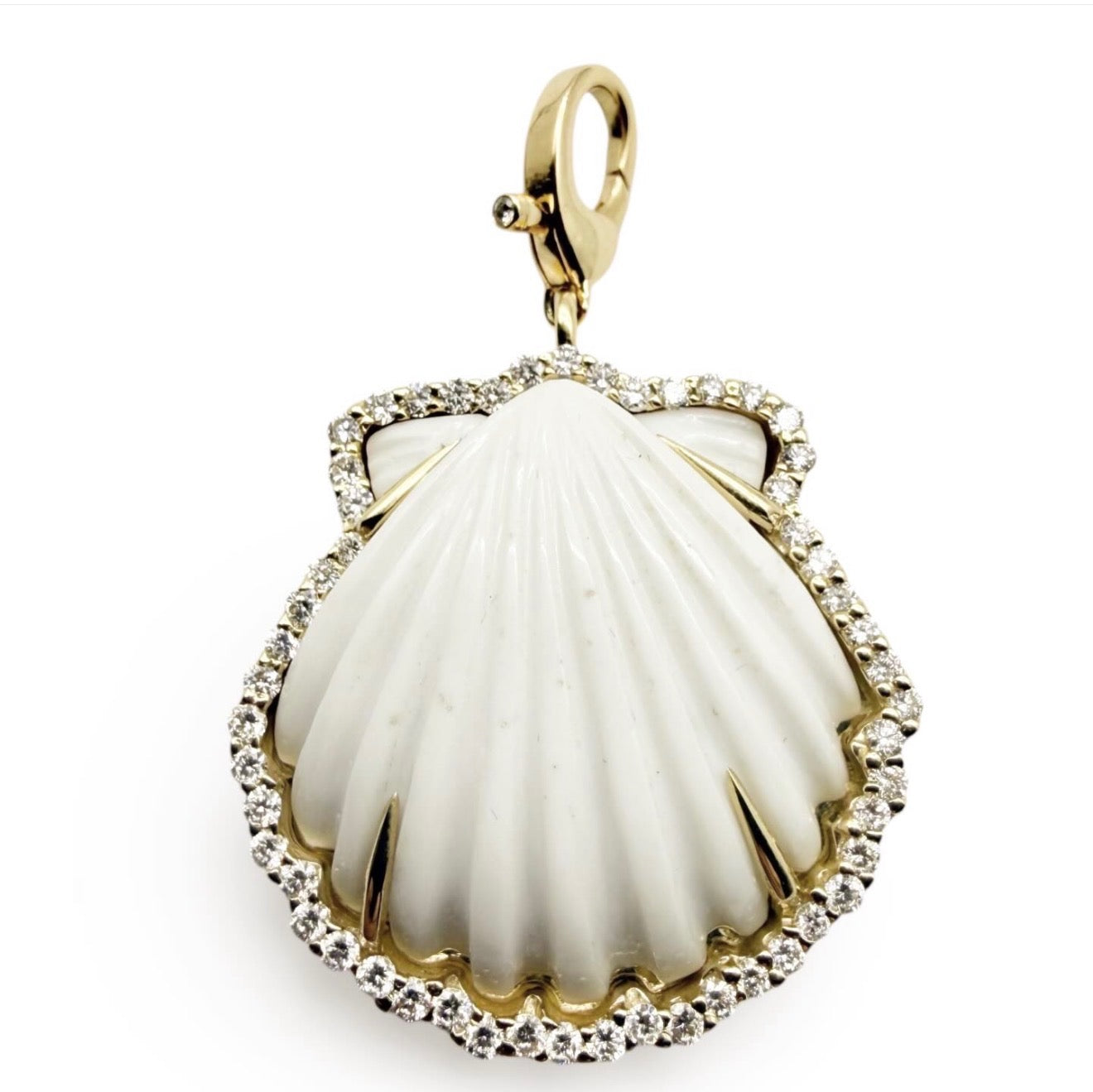 CARVED WHITE SHELL AMULET SET IN SOLID 14K GOLD WHITE DIAMONDS