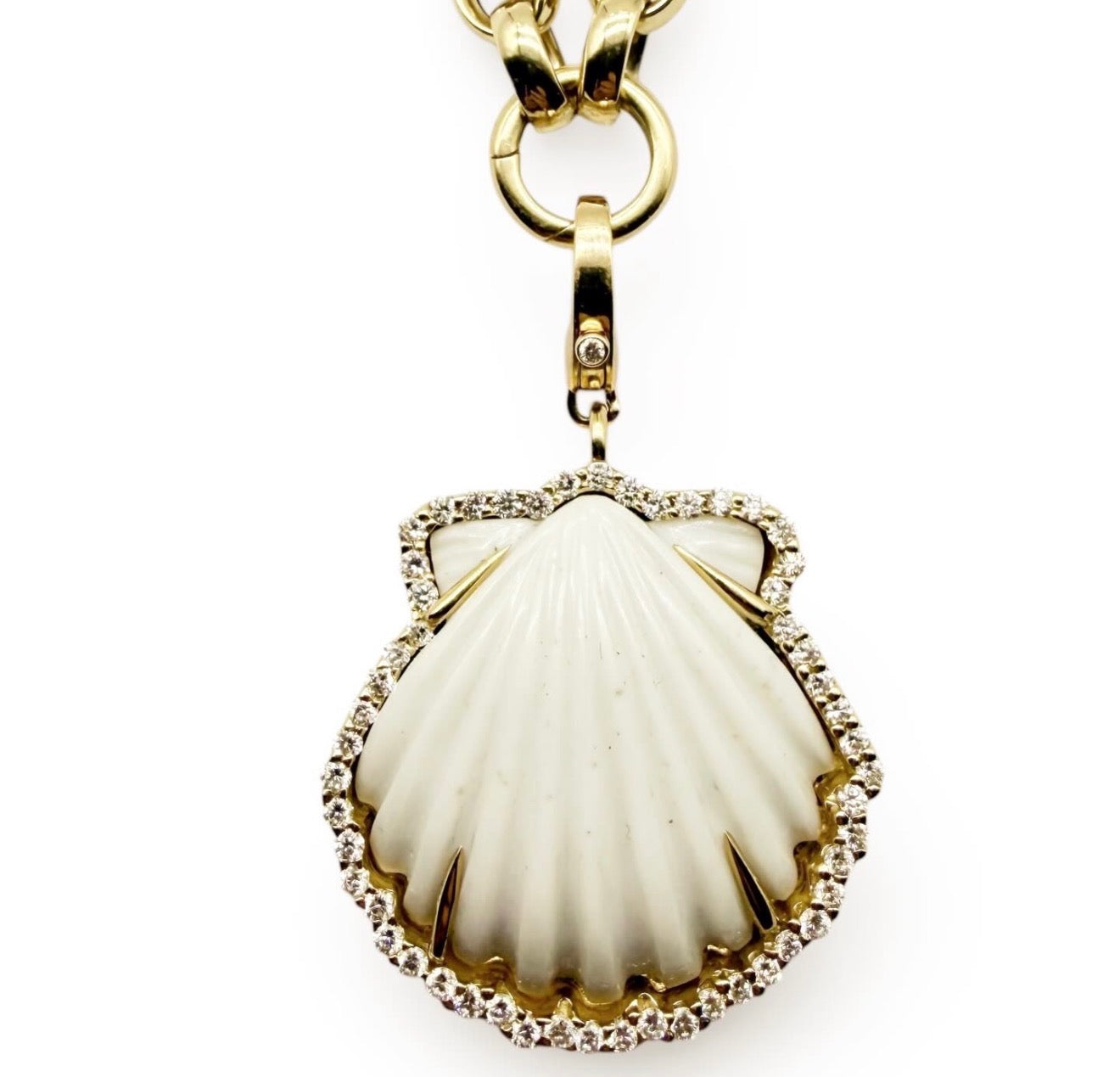 CARVED WHITE SHELL AMULET SET IN SOLID 14K GOLD WHITE DIAMONDS