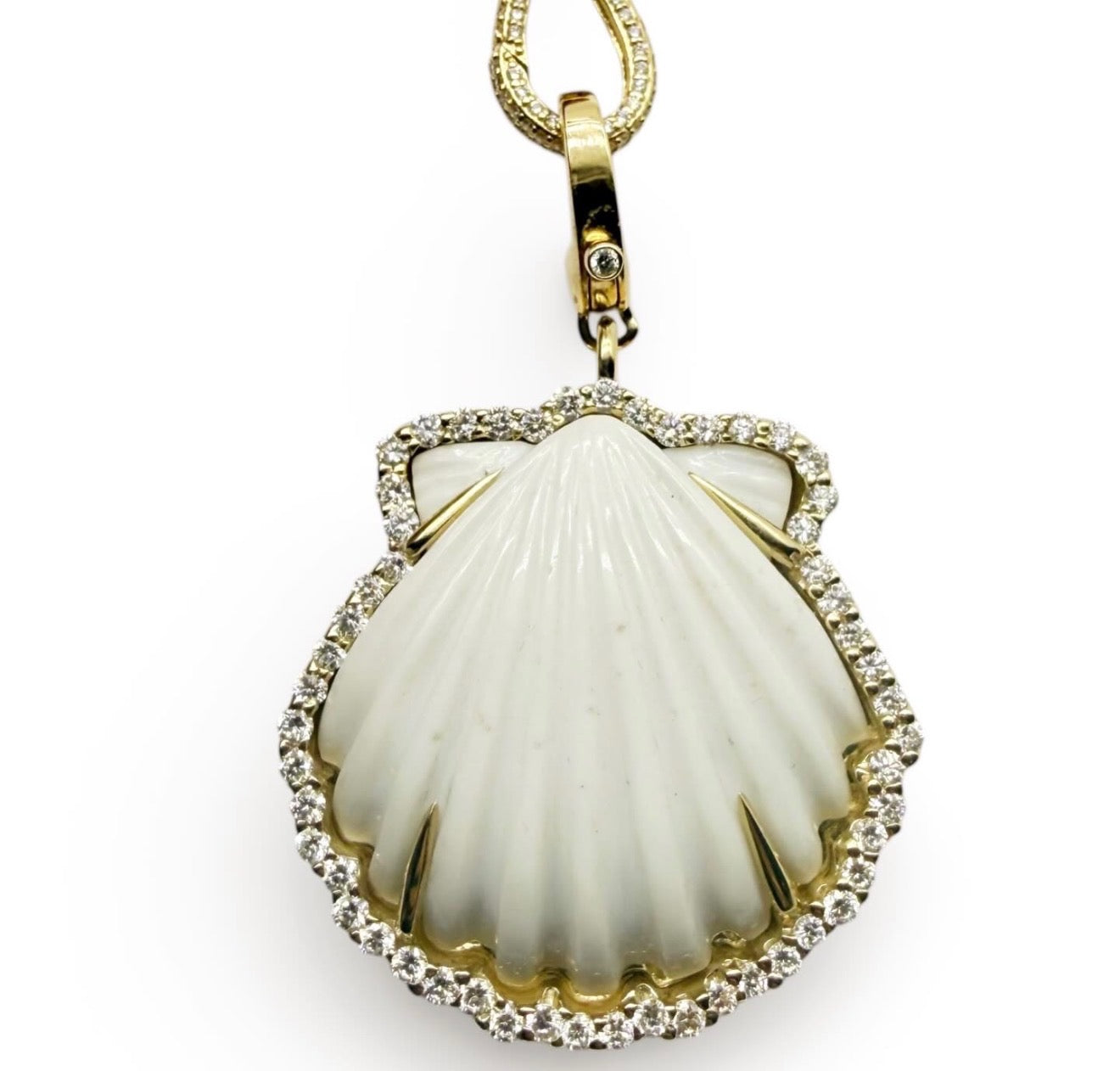 CARVED WHITE SHELL AMULET SET IN SOLID 14K GOLD WHITE DIAMONDS