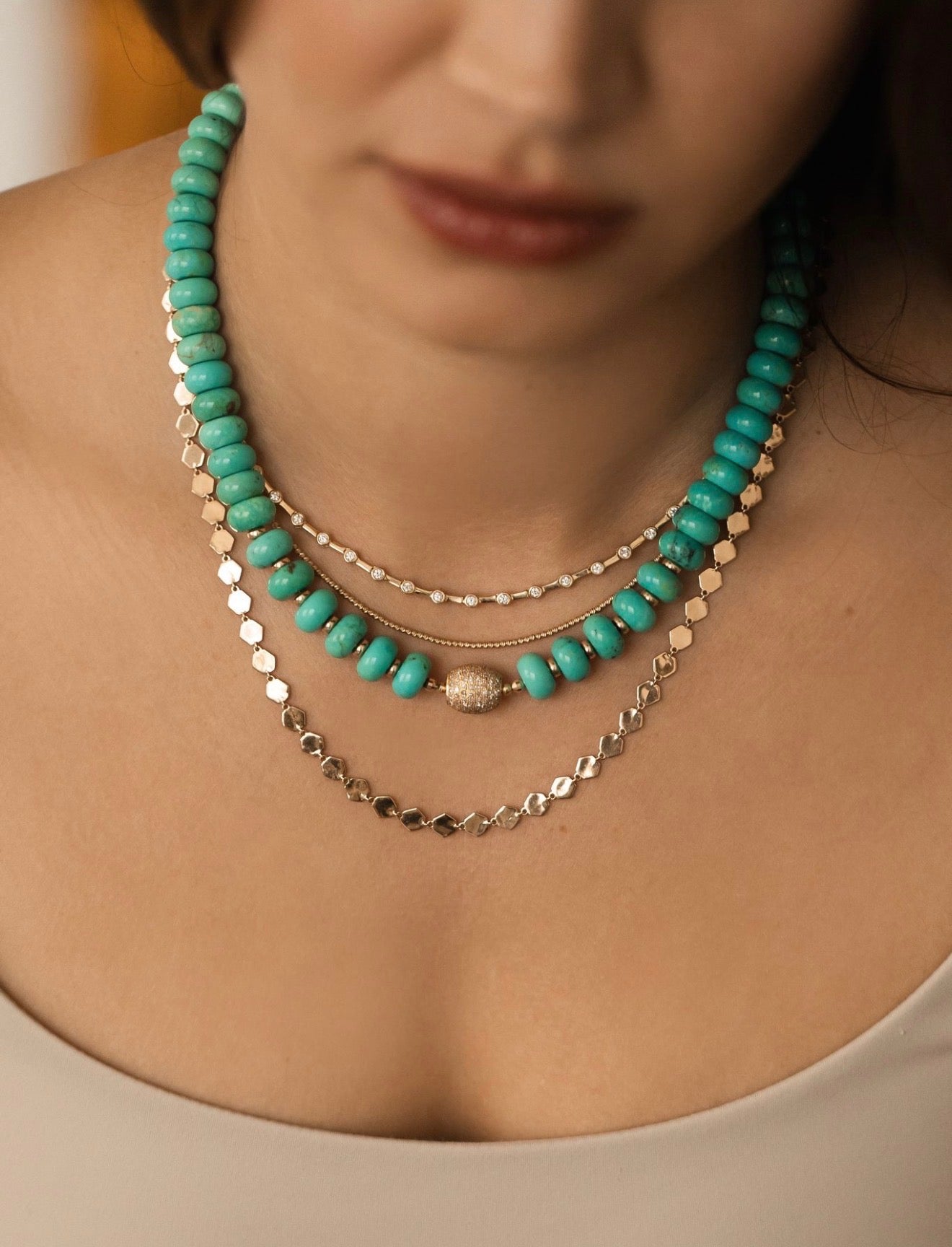 TURQUOISE NECKLACE WITH DIAMOND FOCAL BEAD