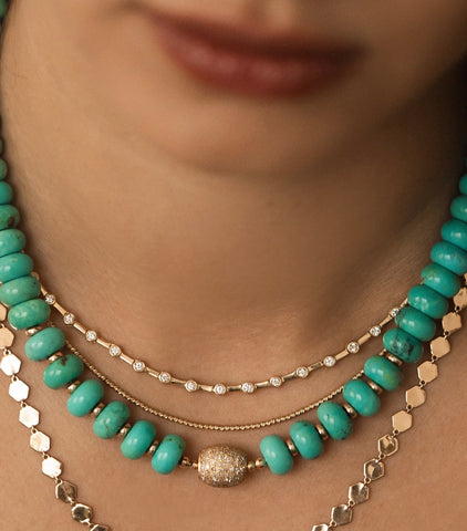 TURQUOISE NECKLACE WITH DIAMOND FOCAL BEAD