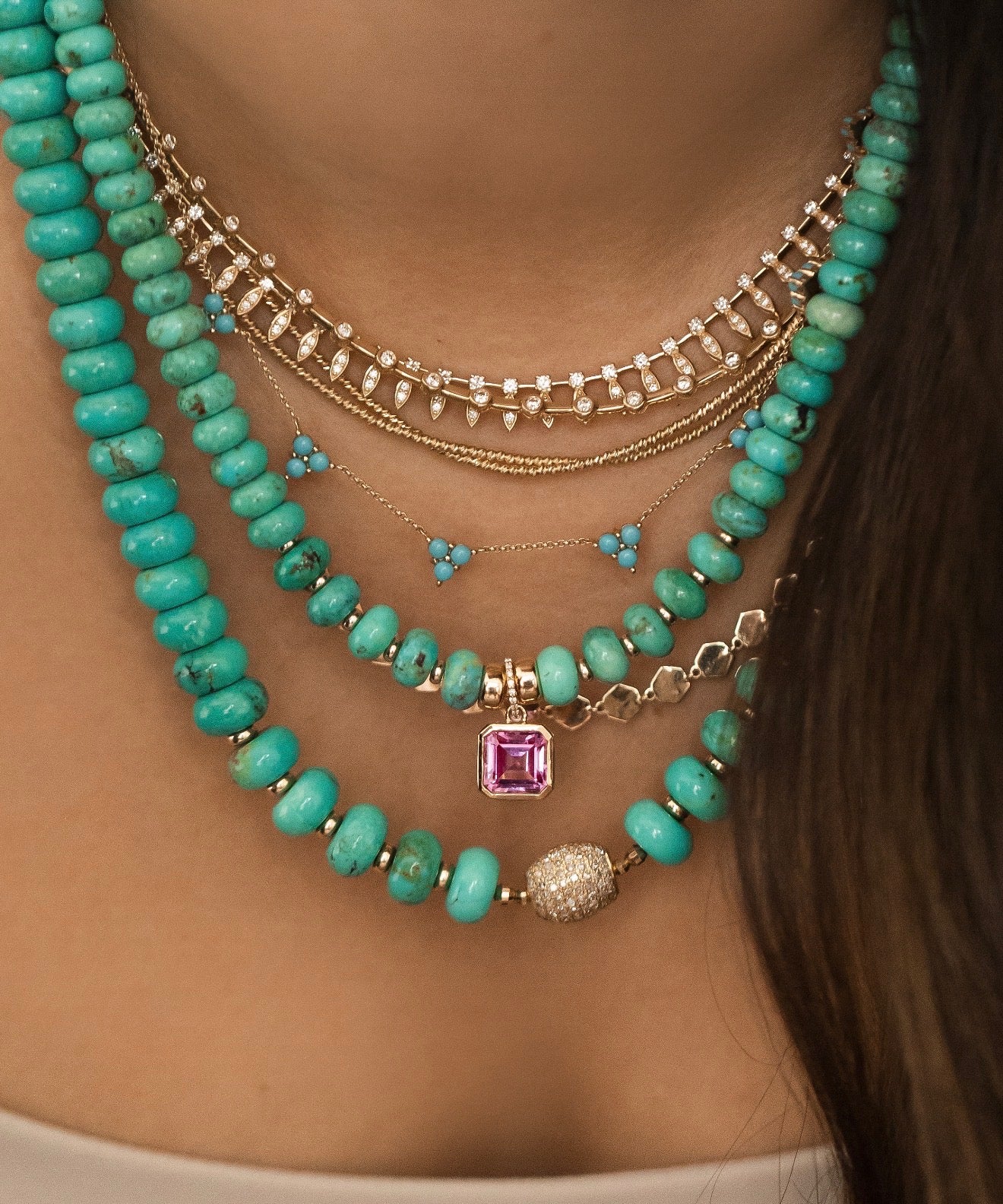 TURQUOISE NECKLACE WITH DIAMOND FOCAL BEAD