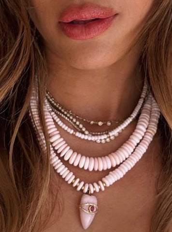 14k GOLD PINK OPAL & DIAMOND NECKLACE ON PINK SHELLS