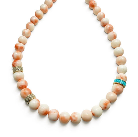 BEACH GIRL ANGEL CORAL NECKLACE WITH DIAMOND AND TURQUOISE BEADS