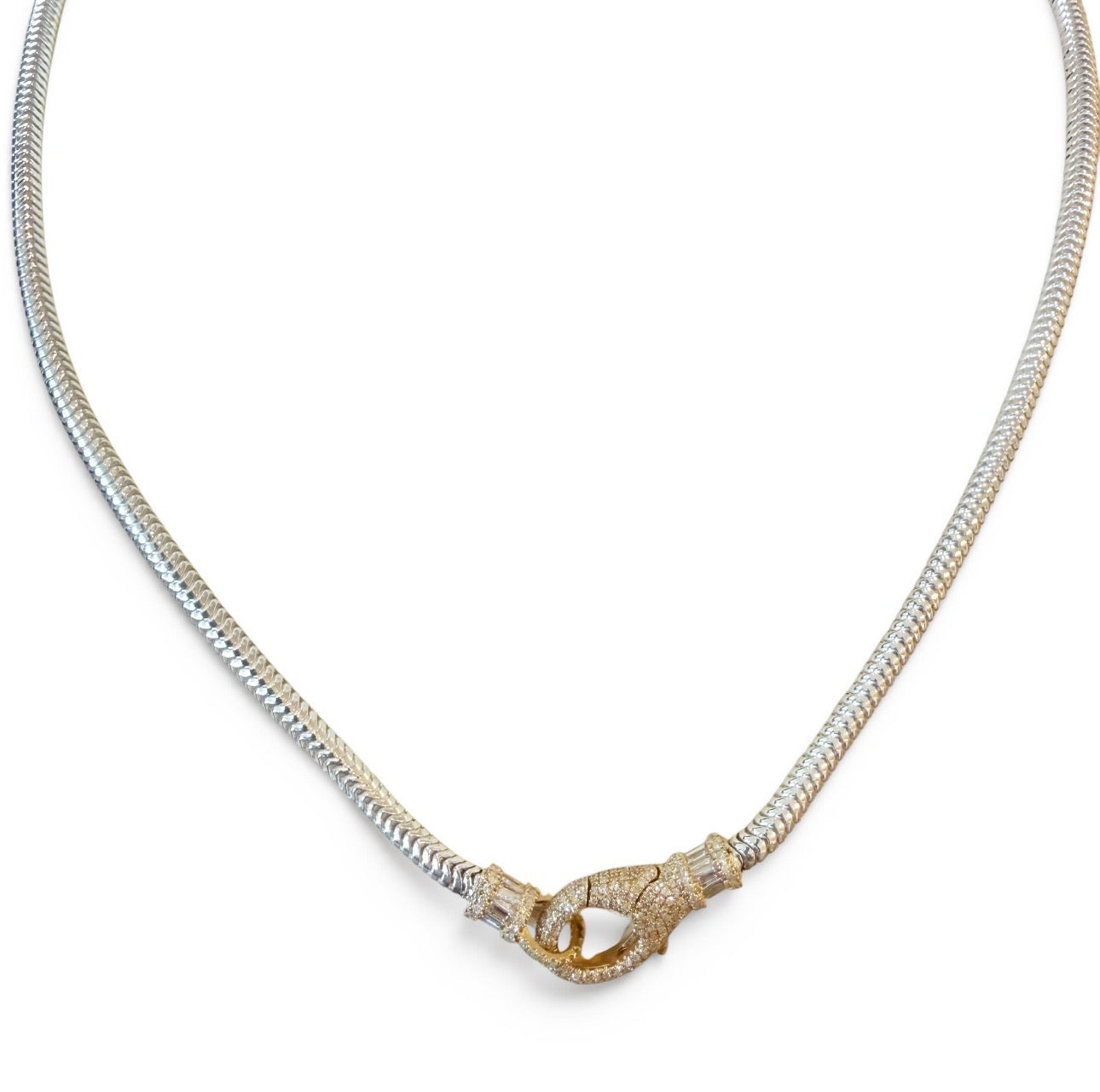 SILVER SNAKE CHAIN WITH SOLID 14K GOLD AND DIAMOND CLASP