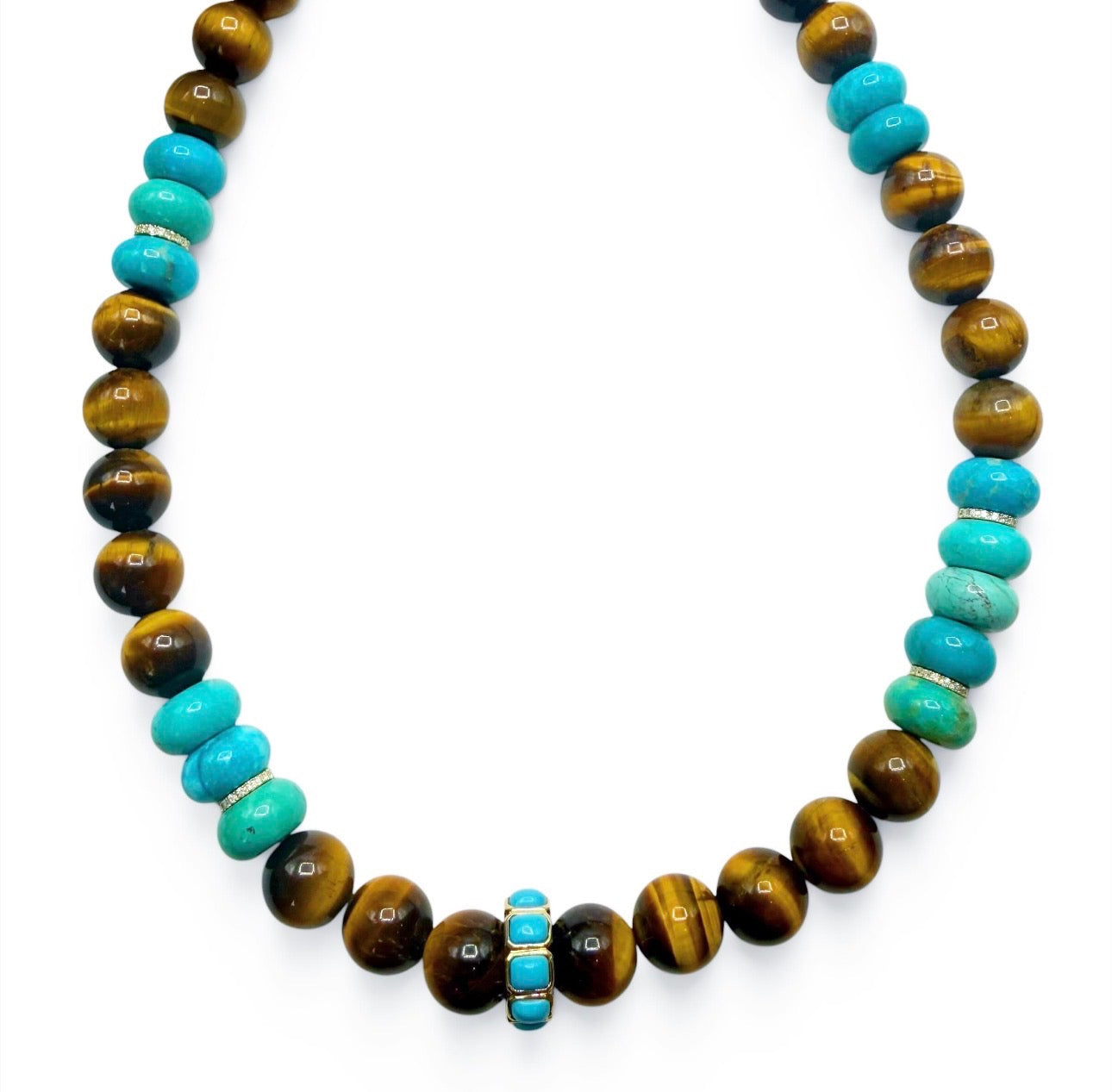 TURQUOISE, TIGERS EYE & DIAMOND BEADED NECKLACE