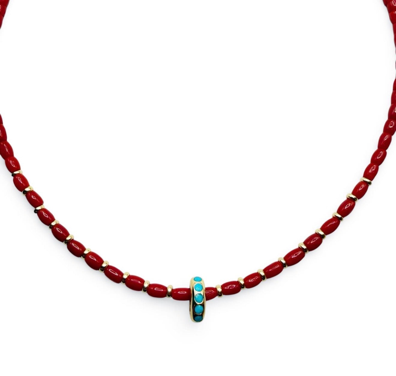 RED ITALIAN CORAL WITH 14K GOLD AND TURQUOISE SLIDER