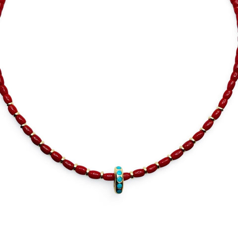 RED ITALIAN CORAL WITH 14K GOLD AND TURQUOISE SLIDER