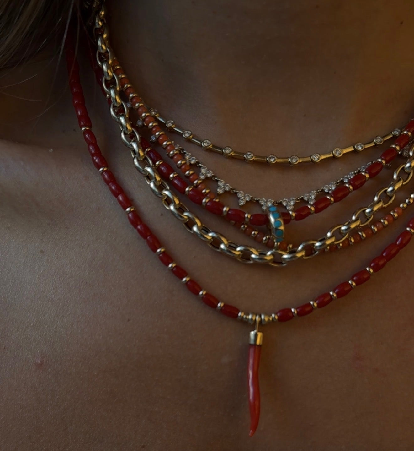 RED ITALIAN CORAL WITH 14K GOLD AND TURQUOISE SLIDER